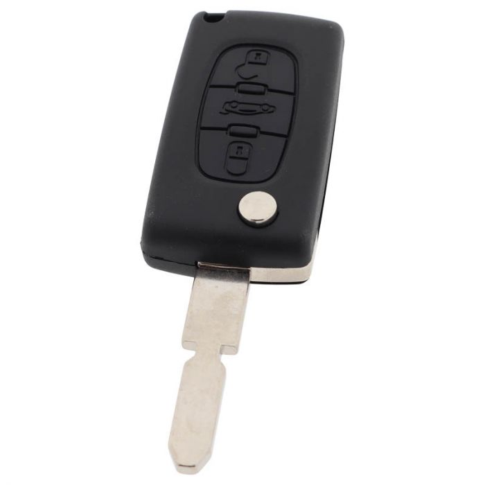 Peugeot 3-Tasten-Klappschlüssel - Schlüsselblattspitze mit Kerbe in der Mitte - Batterie auf Chip - Druckknopf für Kofferraum main product photo