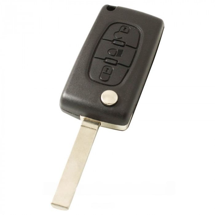 Peugeot 3-Tasten Klappschlüssel - Schlüsselblatt gerade mit Elektronik 433MHZ - PCF7941 Transponder - Batterie auf Chip - Druckknopf für Beleuchtung main product photo