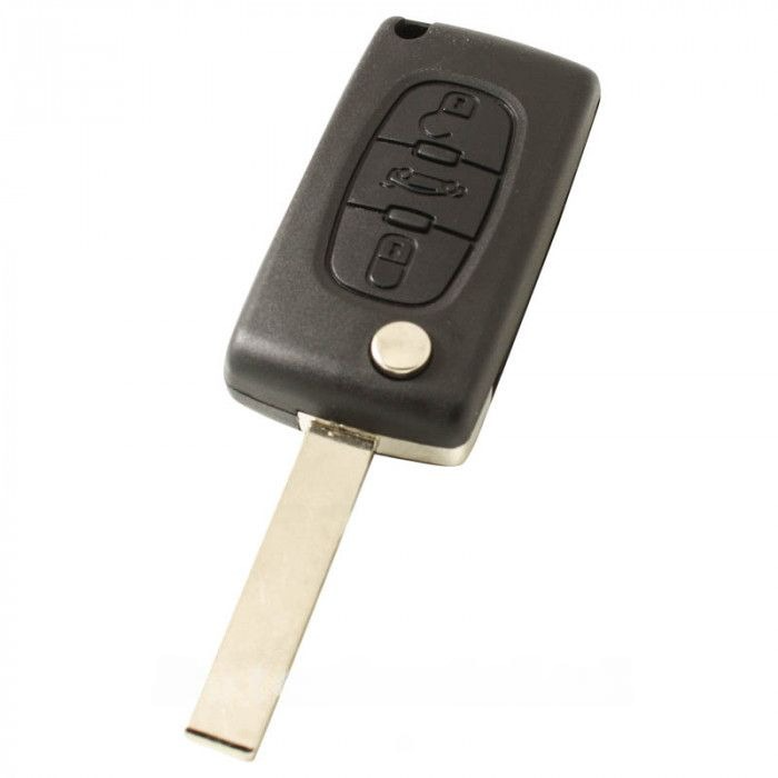Peugeot 3-Tasten-Klappschlüssel - Schlüsselblatt gerade mit Kerbseite mit Elektronik 433MHZ - PCF7961 Transponder - Batterie im Gehäuse - Druckknopf für Kofferraum main product photo