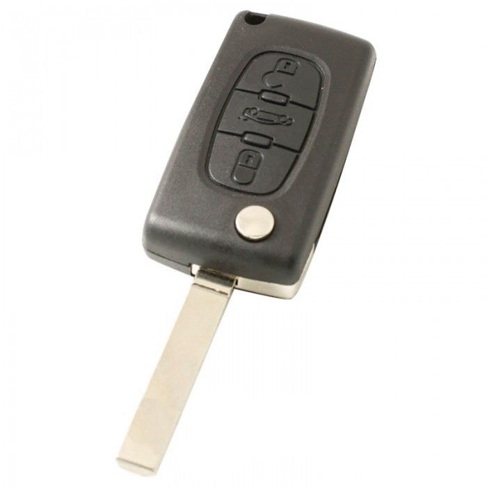 Peugeot 3-knops klapsleutel - sleutelbaard recht - batterij in behuizing - drukknop voor kofferbak main product photo