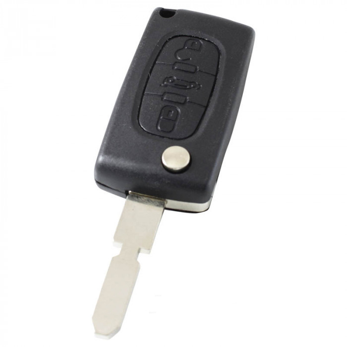Peugeot 3-Tasten-Klappschlüssel - Schlüsselblattspitze mit Kerbe in der Mitte - Batterie im Gehäuse - Druckknopf für Kofferraum main product photo