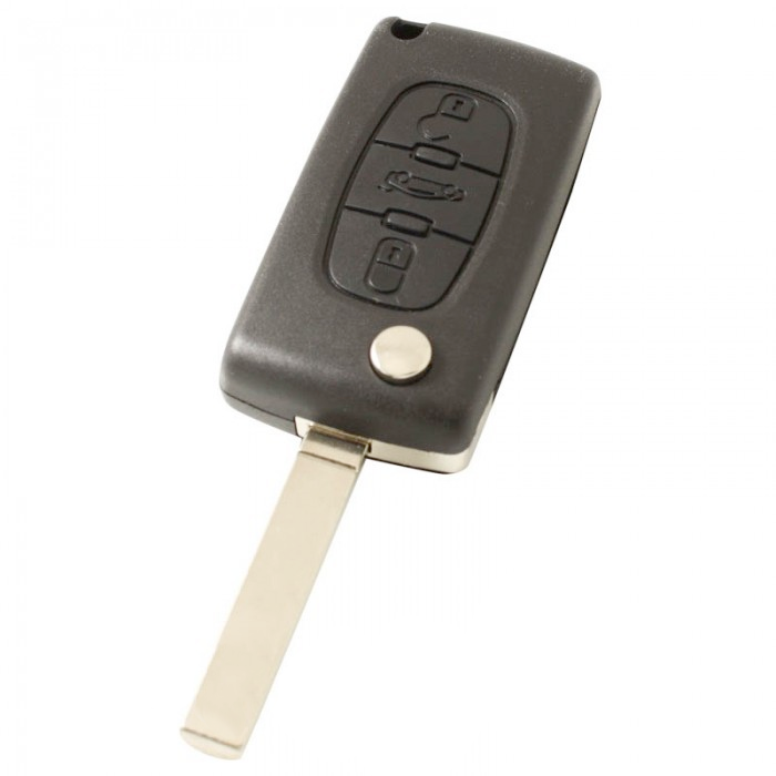 Peugeot 3-Tasten-Klappschlüssel - Schlüsselblatt gerade - Batterie auf Chip - Druckknopf für Kofferraum main product photo
