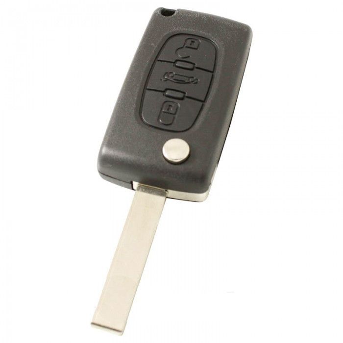 Peugeot 3-Tasten-Klappschlüssel - Schlüsselblatt gerade mit Kerbseite mit Elektronik 433Mhz - ID46 Transponder - Batterie auf Chip - Druckknopf für Kofferraum main product photo